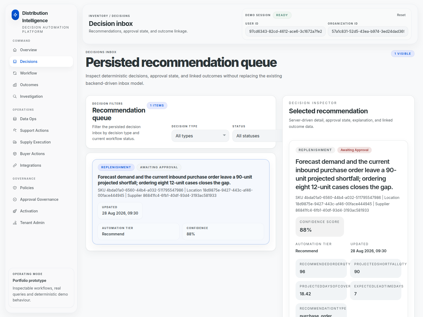 Distribution Intelligence Decision Inbox with a selected replenishment recommendation